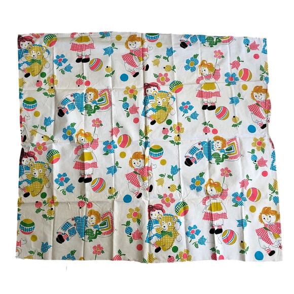 60s 70s Vintage Raggedy Ann Fabric in Pink and Blue, Yellow Tan 50" x 36" - Picture 2 of 14